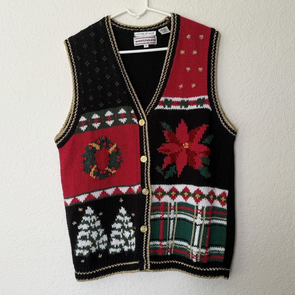 Vintage Sweater Vest Medium Christmas 90s Novelty Ugly Retro Grandma Hand Knit
